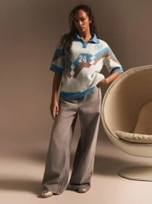 Athîral Women Front Button Short Sleeve Graphic Detail Casual Knit Top - Burgundy - View 2