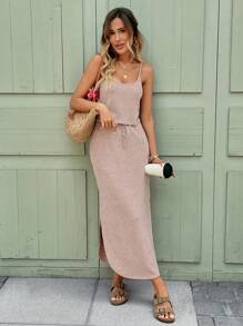 SHEIN LUNE Women's Casual Ribbed Sleeveless Split Hem Drawstring Dress, Basic Spring/Summer Daily Outfit,Casual - Dusty Pink - View 6