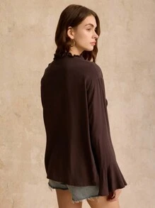 Poéselle Áo dài tay màu nâu, viền bèo nhún, buộc dây phía trước, áo nữ, áo dài, phong cách Boho, áo dài, áo đi chơi, áo cánh thường ngày dài tay buộc bèo nhún màu trơn phía trước cho nữ, thoải mái và giản dị, thích hợp mặc hàng ngày, dạo phố, đi làm, ngày lễ, ở nhà và các dịp khác - Cà phê nâu - Xem 5