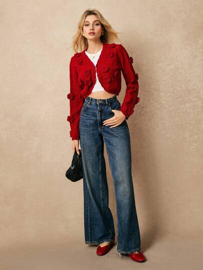 Poéselle Three-Dimensional Flower Crochet Cardigan, Valentine's Day Sweater, Valentine's Day Sweater, Red, Women's Tops, Long-Sleeved Tops