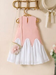 1pc Young Girl Sweet Backless Sleeveless Patchwork Floral Decor Dress - Pink - View 2