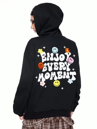 themindfulbutterflyy Sudadera con capucha de estilo universitario con estampado de eslogan y bordado floral de rejilla