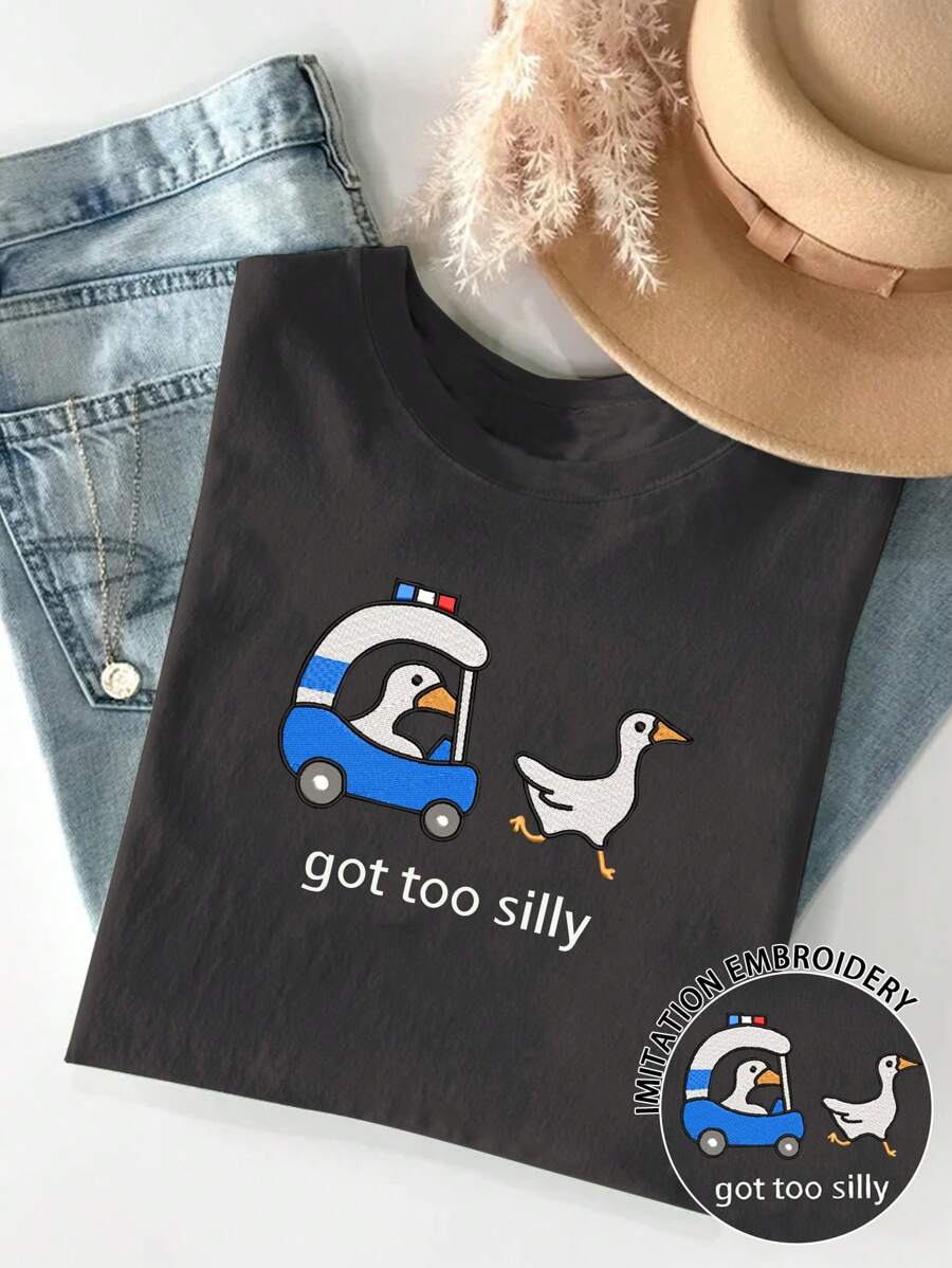 INAWLY 刺绣搞笑傻警察鹅图案舒适圆领女式 T 恤图案 T 恤女式上衣 - 黑色 - 查看 1