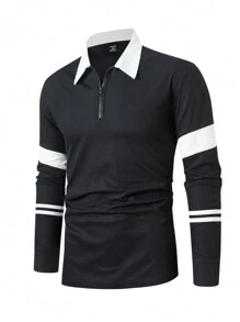 Manfinity Mode 大码男式纯色拼布前拉链长袖休闲高尔夫 Polo 衫 - 黑與白 - 查看 1
