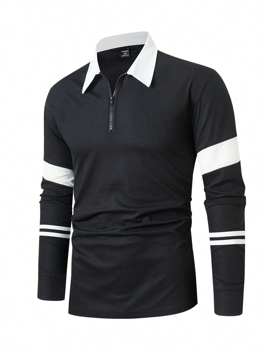 Manfinity Mode 大码男式纯色拼布前拉链长袖休闲高尔夫 Polo 衫 - 黑與白 - 查看 1