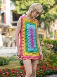 Skyraze 女士彩虹无袖长款钩针迷你连衣裙，手工钩编