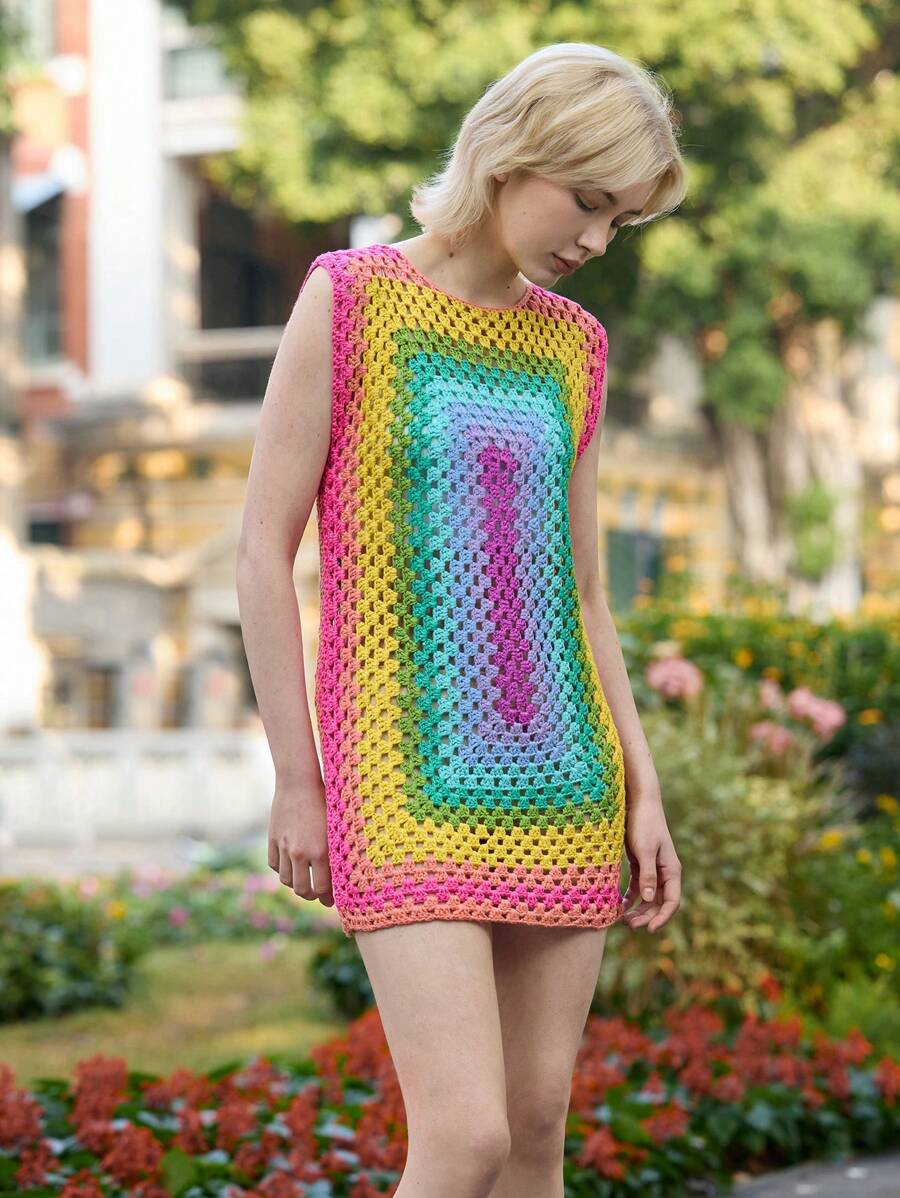 Skyraze 女士彩虹无袖长款钩针迷你连衣裙，手工钩编