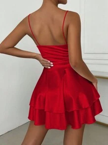 Zolique 优雅纯色细肩带深 V 领性感迷你红色连衣裙 - 紅色 - 查看 2