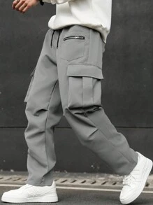 Manfinity Homme Plus Size Men's Casual Solid Color Cargo Pants - Light Grey - View 4
