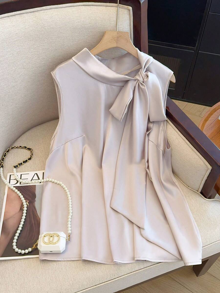 SHEIN Clasi 女式法式设计领口系蝴蝶结百搭修身吊带背心，夏季 - 淺灰紫 - 查看 1