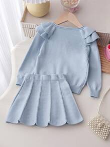 SHEIN Baby Girl Embroidered Sweater Set: Cardigan Top & Skirt - Blue - View 2