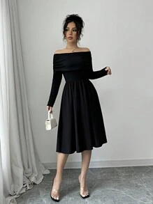 Elenzga Women's Solid Color Off-Shoulder Long Sleeve Casual Elegant Black Dress