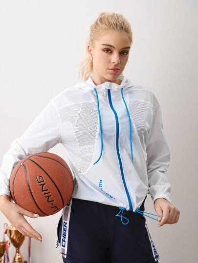 Cheerettes Chaqueta deportiva casual con capucha y cremallera delantera con estampado de letra, diseño minimalista para mujer