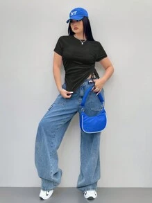 Coolane Plus Size Solid Color Asymmetrical Drawstring Short T-Shirt For Summer