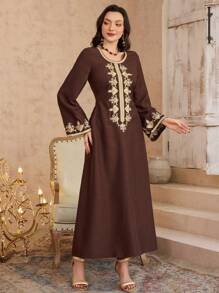 Al Najma Crew Neck Long Sleeve, Minimalist Casual Embroidery Detail Robe, Modest Kaftan - Coffee Brown - View 4