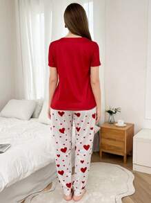 Dream Adore Heart Print Round Neck Short Sleeve Top & Pants Women Valentine's Day Red Pajama Set