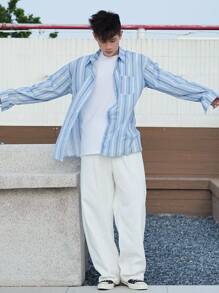 DAZY 男士蓝白休闲学院风长袖衬衫，秋装 - 藍白色 - 查看 4