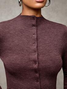 SHEIN BAE 女士秋冬休闲纯色前扣衬衫保暖长袖上衣、家庭圣诞衬衫、女士毛衣 - 酒紅色 - 查看 5