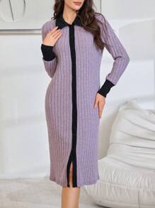 Robe décontractée en tricot texturé bicolore pour femmes - Multicolore - Voir 4
