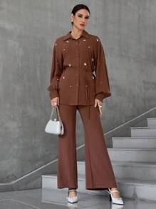 Modelyn 2 件套女士前扣长袖简约上衣和长裤 2 件套 - 棕色 - 查看 1