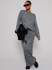 MUSERA Knit Fitted Maxi Skirt Spring Y2K 90's Casual Cute - Black - View 1