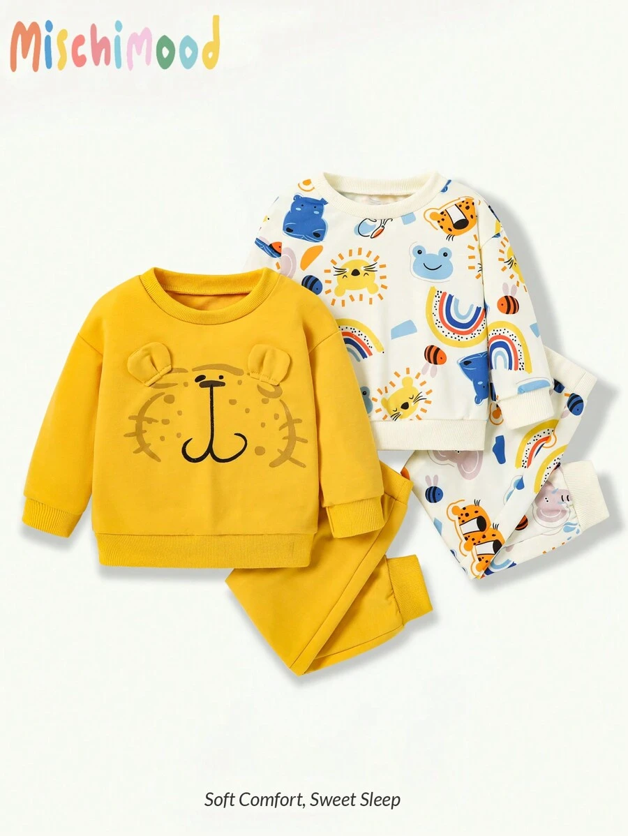 2 件套 幼儿男孩可爱卡通动物印花圆领长袖运动衫和裤子套装 - 彩色 - 查看 1
