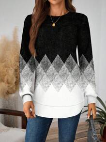 SHEIN LUNE Casual Minimalist Geometric Colorblock Loose Round Neck Long Sleeve Hoodie Sweatshirt For Women, Suitable For Autumn/Winter
