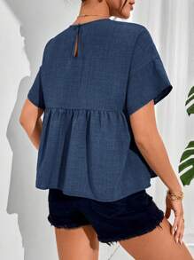 SHEIN Essnce Áo thun nữ cổ tròn tay ngắn xếp ly màu trơn tối giản, mặc thường ngày - Màu xanh hải quân - Xem 2