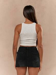 MISSGUIDED Distressed Denim Mini Skirt Raw Hem High Waisted Festival Summer Casual A-Line Jean Skirt Streetwear Fashion - Black - View 2