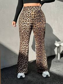 SHEIN EZwear Pantalones de mujer talla grande Y2k, pantalones cargo, pantalones acampanados, pantalones informales con bolsillos de estampado de leopardo y diseño simple, para uso diario, ropa de primavera y verano - Multicolor - Ver 5