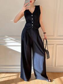 DAZY Western Style Women's Cowboy Clothing V-Neck Vest Wide-Leg Pants Women's Denim Suit Work Women Clothes - Dark Wash - View 6