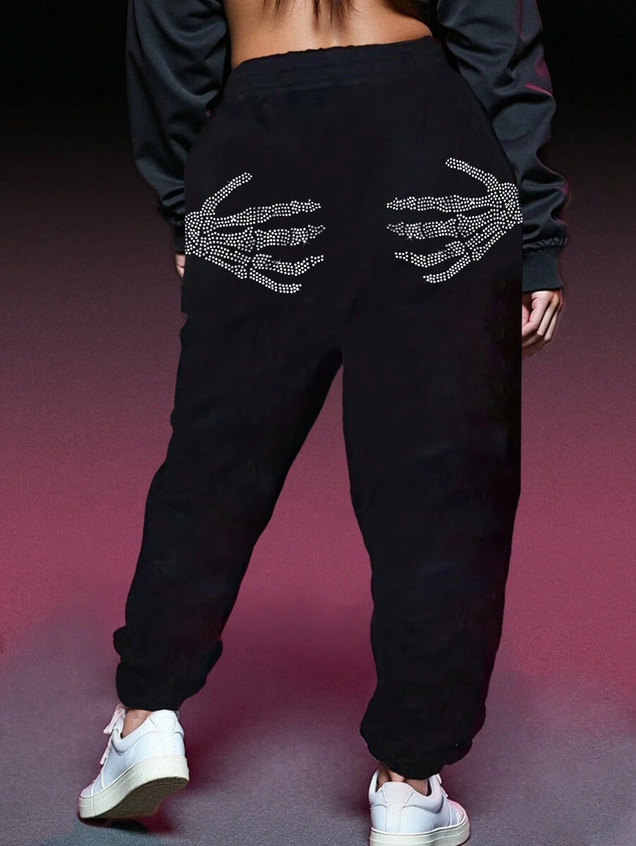 INAWLY 大尺寸女士骷髏手印花運動褲,配鑲嵌鑽石設計