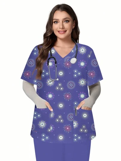 PopScrub 大码女式紫色和蓝色 V 领短袖双口袋侧开衩彩色烟花卡通印花护士/医生手术服上衣、兽医美容师纯色手术服上衣、营养师工作短袖、实用图案 T 恤、平价实用女士节日服装、情人节、新年