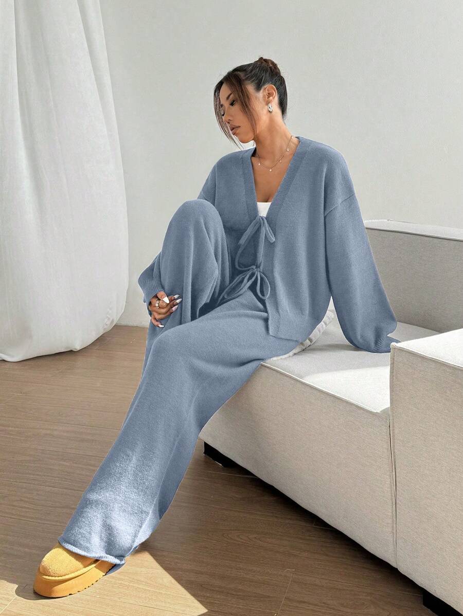 SHEIN Unity 2pcs Casual Lace-Up Cardigan Sweater & Sweatpants Set - Blue - View 1