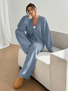 SHEIN Unity 2pcs Casual Lace-Up Cardigan Sweater & Sweatpants Set - Blue - View 7