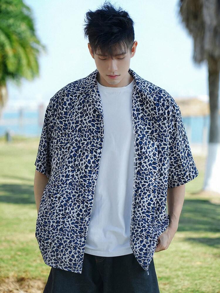 Summer Men's Leopard Print All-Over Floral Design Casual Shirt