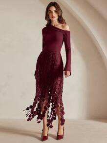 Anewsta Đầm tua rua tay dài cổ cao eo ôm gợi cảm, phong cách Âu Mỹ thanh lịch - Màu đỏ tím - Xem 4