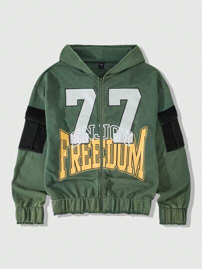 Prep Men's Front Zipper Long Sleeve Letter Print Casual Hoodie Sweatshirt