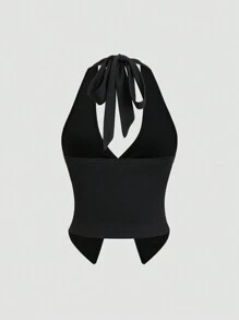 SHEIN Unity 简约纯色结饰吊带背心，性感时尚 - 黑色 - 查看 2