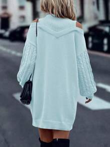 SHEIN LUNE Váy len dài tay hở vai cổ cao thanh lịch cho quần áo năm mới - Màu xanh nhạt - Xem 2