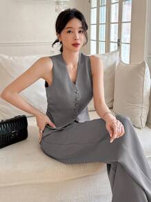 DAZY 2pcs Set Women Solid Color Vest And Wide Leg Pants Office Wear Work Women Clothes - Grey - View 1