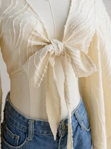 Soleia Women's Summer Vacation Beige Textured Woven Open Front Tie-Knot Flare Sleeve Ruffle Cuff Blouse, Hippie Western Festival, Easter, Carnival, Afternoon Tea, Party - Beige - View 3