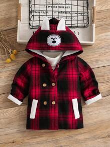 Abrigo con capucha para bebé niña, diseño lindo con orejas decorativas, estampado de cuadros, forro térmico, con bolsillos, para otoño - Rojo - Ver 3