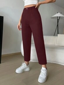 SHEIN EZwear 春季黑色斜口袋七分西装裤 - 酒紅色 - 查看 5