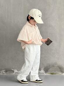 SHEIN 1 件装年轻男童休闲纯色压花字母压花松紧腰直筒裤，带口袋，舒适宽松，适合通勤、上学、日常休闲、度假、旅行、运动、童装、年轻男童服装、男童套装、男童服装、家庭搭配、生日派对、日常、上学、运动、春夏