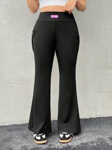SHEIN EZwear Women Plus-Size Knitted Elastic Solid Color Flare Pants With Pocket - Black - View 5