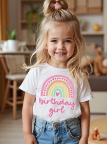 SHEIN 1pc Young Girl' Casual Cute Rainbow Heart Birthday Girl Slogan Graphic Print Round Neck Short Sleeve T-Shirt, Birthday Gift & Party Top