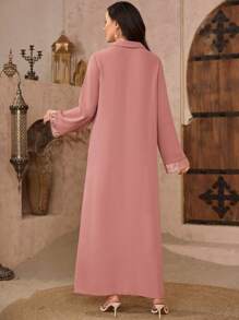 Al Najma Túnica elegante con cuello vuelto y empalme jacquard 2 en 1 + Vestido largo tradicional árabe modesto tipo kaftan - Rosa - Ver 2