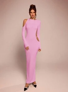 SHEIN BAE Women's Asymmetric Asymmetrical Neck Long Sleeve Hollow-Out Sexy Backless Dress, Suitable For Layering In Autumn/Winter, Cocktail Parties, Romantic Dates, Gatherings, Party, Wedding Bridesmaid, Night Out, Halloween, Christmas - Baby Pink - View 3