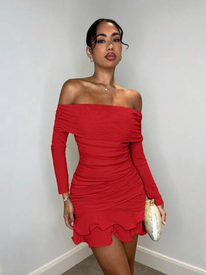 SHEIN BAE Vestido mini elegante y dulce de manga larga con hombros abiertos, mangas abullonadas y borde con volantes, de unicolor y tejido de malla, adecuado para tomar el té, salidas de moda, noches de citas, fiestas navideñas, Año Nuevo y otras ocasiones